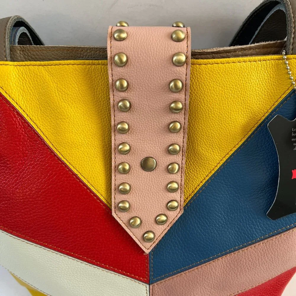NWT AmeriLeather Thea Leather Tote Bag Boho Colorful Purse Studs Brass P… - Picture 6 of 14